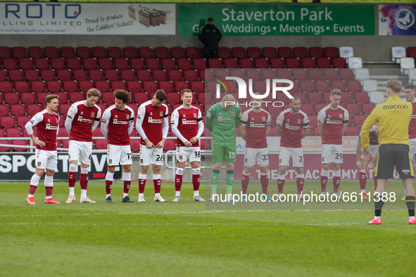 Northampton Town's  players observe 2 minutes silence for the passing of Prince Phillip before the Sky Bet League 1 match between Northampto...