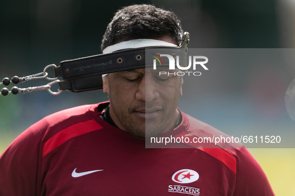 Mako Vunipola of Saracens warms up ahead to the Greene King IPA Championship match between Saracens and Bedford Blues at Allianz Park, Londo...