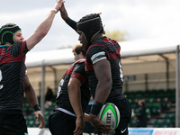 Maro Itoje of Saracens celebrates with his team mates after scoring a try during the Greene King IPA Championship match between Saracens and...