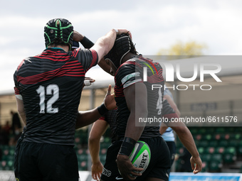 Maro Itoje of Saracens celebrates with his team mates after scoring a try during the Greene King IPA Championship match between Saracens and...