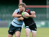 Tom Whiteley of Saracens is tackled by Tom Litchfield of Bedford Blues during the Greene King IPA Championship match between Saracens and Be...