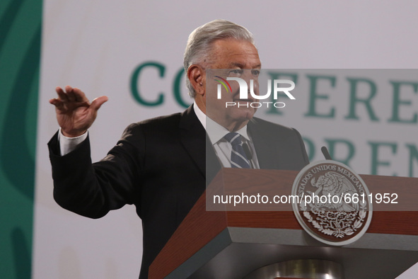 Mexicos’s President Andres Manuel Lopez Obrador meet with the media during daily morning  briefing conference at National Palace on April 9,...