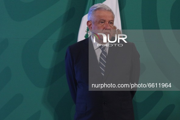 Mexicos’s President Andres Manuel Lopez Obrador meet with the media during daily morning  briefing conference at National Palace on April 9,...