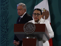 Mexico’s President Lopez Obrador seen behind  of Secretary of Security and Citizen Protection of Mexico, Rosa Icela Rodriguez  while gesticu...