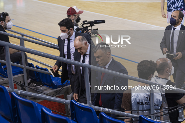 Šarūnas Jasikevičius coach of Barça and Pablo Laso coach of Real Madrid during the Barça vs Real Madrid match of ACB league on April 11, 202...