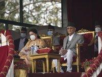 President of Nepal Bidhya Devi (L) and Prime Minister KP Sharma Oli (R) attends Ghode Jatra or the 'Festival of Horse' celebrated at the Arm...
