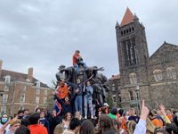 Illinois Fighting Illini students celebrate in Campustown on Green Street and at the Alma Mater after defeating the Ohio State Buckeyes in t...