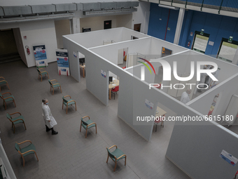 An empty vaccination point in Pisa, Italy, on April 12, 2021. The campaign for vaccination against Covid-19 rolling out in Italy with strugg...