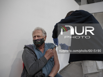 An elder man getting his vaccine in Pisa, Italy, on April 12, 2021. The campaign for vaccination against Covid-19 rolling out in Italy with...