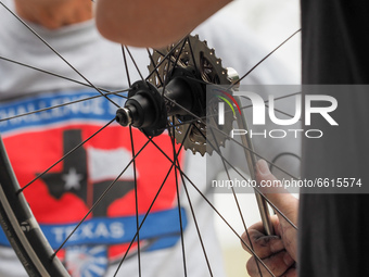 Mechanics from Project HERO are seen as they begin to assemble bicycles for the participants of the 2021 Texas Challenge; a six-day, 300 mil...