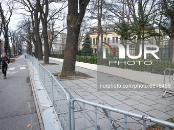 A fence meant to keep protesters at a distance is seen surrounding the Constitutional Tribunal in Warsaw, Poland on April 13, 2021. On Thurs...