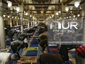 Muslims perform Tarawih prayers inside Al-Azhar Mosque during the blessed month of Ramadan, amid the Coronavirus (COVID-19) pandemic, in Cai...