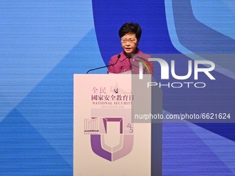 Hong Kong Chief Executive Carrie Lam speaks during the opening ceremony of the National Security Education Day, In Hong Kong, Thursday, Apri...