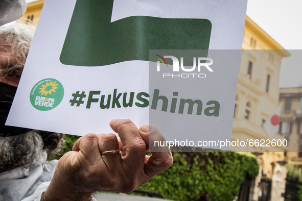 Environmental activists demonstrate  protest in front of the Japanese embassy  in Rome, Italy, on April 15, 2021 against the Japanese govern...