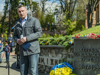 Vitali Klichko, Mayor of Kiev, gives a speech in Kiev, Ukraine, on April 26, 2021 at the memorial site about Chernobyl catastrophe in Kiev d...