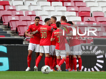 Benfica's team players celebrate a goal during the Portuguese League football match between SL Benfica and CD Santa Clara at the Luz stadium...