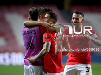 Chiquinho of SL Benfica (C ) celebrates with teammates after scoring the Portuguese League football match between SL Benfica and CD Santa Cl...
