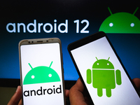Android logo is seen displayed on a phone screen in this illustration photo taken in Tehatta, West Bengal, India on April 27, 2021. Google h...