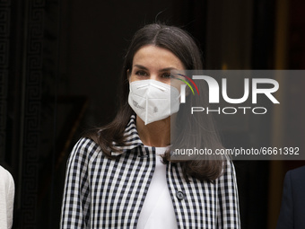 Spanish Queen Letizia  at her arrival to the headquarters of the Royal Academy of Spanih Language in Madrid, Spain on 27 April 2021 to atten...