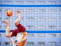 THE HAGUE - Bossaball, a combination of volleyball, football, gymnastics and capoeira is being played by the Dutch national team near city h...