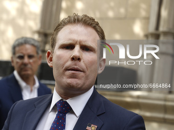 Andrew Giuliani holds a press conference following a federal search warrant executed for Rudi Giuliani on April 28,2021 in New York City. Fe...