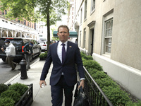 Andrew Giuliani leaves 45 East 66th street followoing a press conference regarding a federal search warrant executed for Rudi Giuliani on Ap...