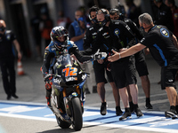 Marco Bezzecchi (#72) of Italy and Sky Racing Team VR46 Kalex greets his team during the qualifying of Gran Premio Red Bull de España at Cir...