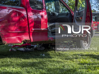 The red truck parked on top of the victims belongings on the boulevard  on May 1, 2021 in Chicago, United States. A man purposely ran over a...