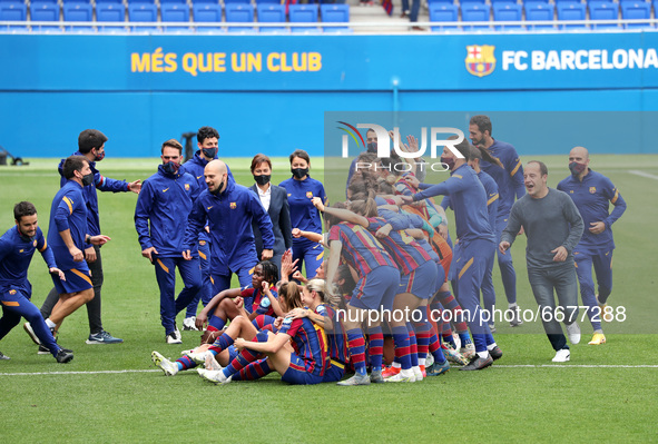 FC Barcelona players celberation at the end of the match between FC Barcelona and PSG, corresponding to the second match of the semifinals o...
