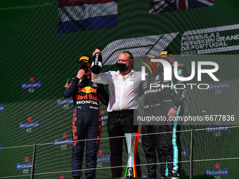 First three drivers on podium of Portuguese GP, third round of Formula 1 World Championship in Autodromo Internacional do Algarve, Mexilhoei...