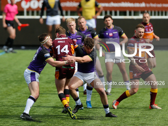 
 Elliott Hall of Batley Bulldogs is tackled during the BETFRED Championship match between Newcastle Thunder and Batley Bulldogs at Kingston...