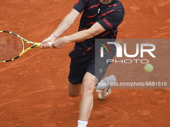 Adrian Mannarino of France in action during his Men's Singles match, round of 64, against Carlos Alcaraz of Spain on the ATP Masters 1000 -...