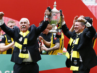  Chairman Vincent Pearson (Left) celebrates they win with Trophy during The 2019/2020  Buildbase FA Vase Final between Consett and Hebburn a...