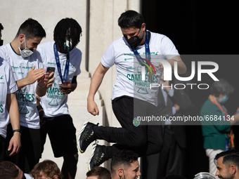 The coach, Nuno Dias jumps, on May 4, in Lisbon, Portugal.
The Futsal Team of Sporting Clube de Portugal  was received at the Lisbon chamber...