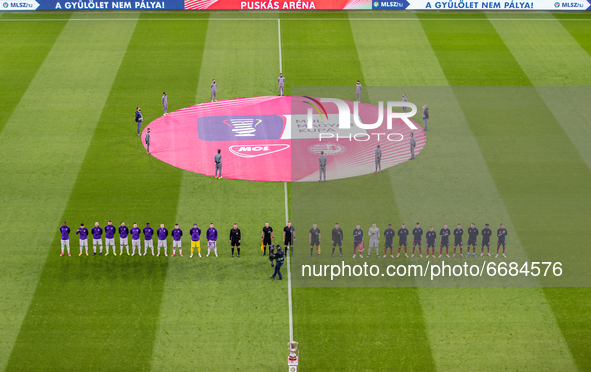 National anthem before the MOL Hungarian CUP Final 2021 match between Fehervár and Ujpest at Puskás Aréna on May 03, 2021 in Budapest, Hunga...