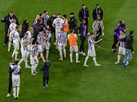 Players of Újpest FC wait for the ceremony aftre the MOL Hungarian CUP Final 2021 match between Fehervár and Ujpest at Puskás Aréna on May 0...