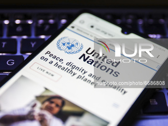 United Nations webpage is displayed on a mobile phone screen photographed for illustration photo. Gliwice, Poland on May 5, 2021. (