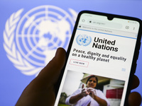 United Nations webpage is displayed on a mobile phone screen photographed for illustration photo. Gliwice, Poland on May 5, 2021. (
