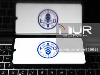 Food and Agriculture Organization of the United Nations logo is displayed on a mobile phone screen photographed for illustration photo. Gliw...