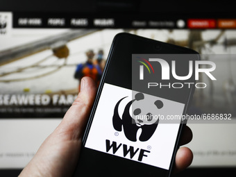 WWF logo is displayed on a mobile phone screen photographed for illustration photo. Gliwice, Poland on May 5, 2021. (