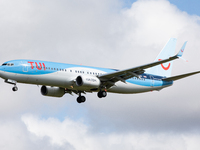 A TUI Airways Boeing 737 lands at Newcastle Airport, England on 6th May as the airline ramps up training flights in preparation for the lifi...