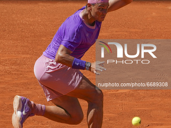 Rafael Nadal of Spain in action during round of 16, against Alexei Popyrin of Australia on the ATP Masters 1000 - Mutua Madrid Open 2021 at...