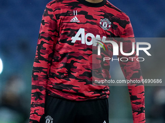 Mason Greenwood of Manchester United looks on during the UEFA Europa League Semi-Final match between AS Roma and Manchester United at Stadio...
