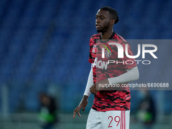 Aaron Wan-Bissaka of Manchester United looks on during the UEFA Europa League Semi-Final match between AS Roma and Manchester United at Stad...