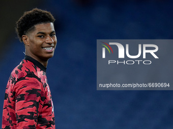 Marcus Rashford of Manchester United smiles during the UEFA Europa League Semi-Final match between AS Roma and Manchester United at Stadio O...