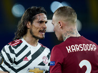 Edinson Cavani of Manchester United argues with Rick Karsdorp of AS Roma during the UEFA Europa League Semi-Final match between AS Roma and...