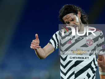 Edinson Cavani of Manchester United gestures during the UEFA Europa League Semi-Final match between AS Roma and Manchester United at Stadio...