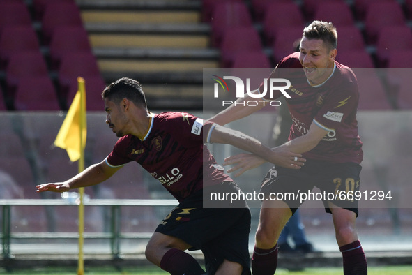 Andre’ Anderson of US Salernitana 1919 celebrates after scoring second goal during the Serie B match between US Salernitana 1919 and Empoli...