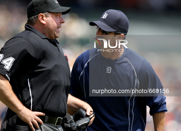 Detroit Tigers manager Brad Ausmus argues with home plate  Umpire Sam Holbrook over a call on JD Martinez during the fifth inning of a baseb...