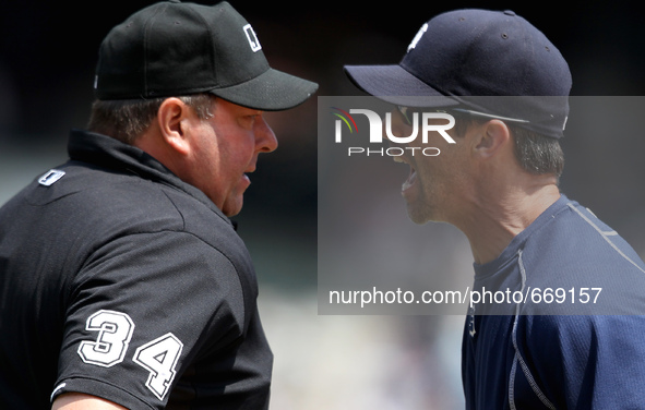 Detroit Tigers manager Brad Ausmus argues with home plate  Umpire Sam Holbrook over a call on JD Martinez during the fifth inning of a baseb...